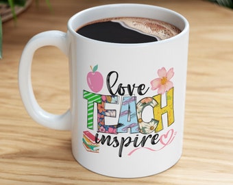 Regalo de agradecimiento al maestro, taza de café Love Teach Inspire, regalo de agradecimiento para el maestro, mejor maestro, taza de maestro #1, regalo de maestro favorito