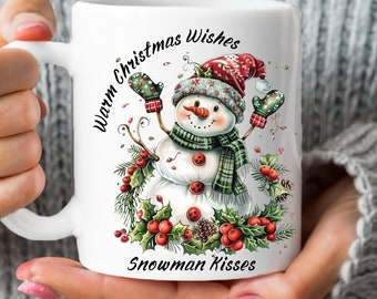 Snowman Christmas Coffee Mug, Christmas Holiday Mug, Snowman Mug, Funny Christmas Snowman Coffee Mug, Warm Christmas Wishes Snowman Kisses