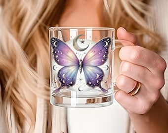 Butterfly Mug Crescent Moon Glass Coffee Cup Gift for Nature Lover Kitchen Decor Celestial Mug Unique Idea Gift for Friend Present for Women