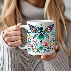 Tazza da caffè fata, tazza per amanti delle fate, tazza da caffè fata con fiori, tazza da caffè fata boho, regalo per lei, decorazione da cucina fata floreale, stoviglie, regalo