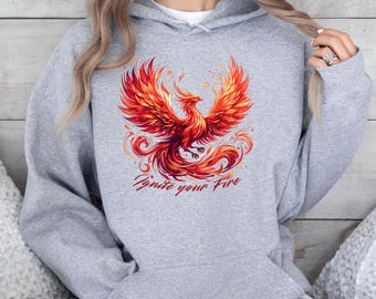 Fire Phoenix Hood Sweatshirt Mythical Bird Sweater Flame Bird Jumper Phoenix Graphic Pullover Fantasy Mythology Top Encouraging Gift for Her