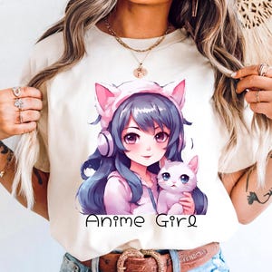 Camiseta unisex de chica de anime kawaii con gatito, linda camiseta japonesa, regalo para amantes del anime, manga, Harajuku, moda otaku, regalo para hija, camiseta de anime