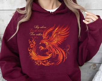 Fire Phoenix Hoodie Rise from the Ashes Phoenix Hooded Sweatshirts, Firebird Phoenix Mythical Bird Shirt, Rebirth Strength Shirts for Women
