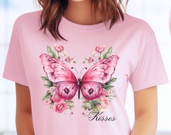 Butterfly Shirt, Butterfly Tee, Botanical Tee, Pink Retro Kisses Butterfly Tee, Kisses Graphic Tee,Gift for Girlfriend,Gift for Wife, Garden