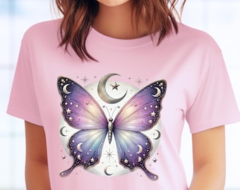 Butterfly Shirt Crescent Moon Unisex T-Shirt Celestial Graphic Tee Lunar Moth Shirts for Women Gift for Friend Gift Moon Star Space Shirt