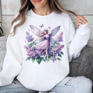 Fairy Crewneck Sweatshirt Lilac Flowers Butterflies Design Purple Floral Fantasy Sweatshirt Nature Lover Gift Spring Pullover Gift for Her