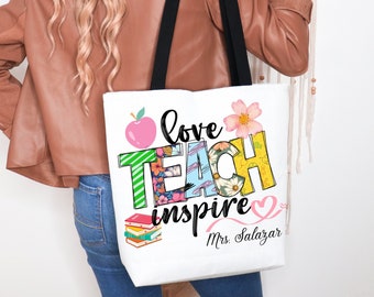 Aangepaste leraar Tote Bag, Love Teach Inspire Gepersonaliseerde leraar waardering cadeau, cadeau voor docenten, leraar cadeau tas, cadeau voor leraar