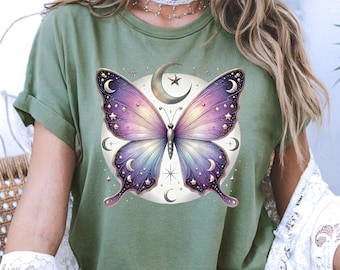 Butterfly Shirt Comfort Colors Crescent Moon Butterfly T-shirt Boho Unisex Shirt Gift for Friend Gift Celestial Space Shirt Purple Butterfly