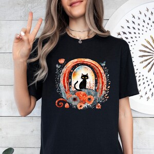 Black Cat Boho Rainbow Retro Floral Butterfly Tee, Unique Graphic T-shirt, Retro Style Shirt, Celestial Cat Tee, Cat Lovers Gift Shirt