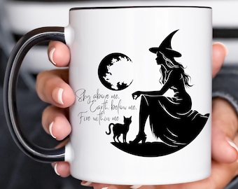 Celestial Witch Coffee Mug, Witch Black Accent Mug, Boho Witchy Mug, Black Cat Mug, Witchcraft, Salem Witch Graphic Mugs, Encouragement Gift