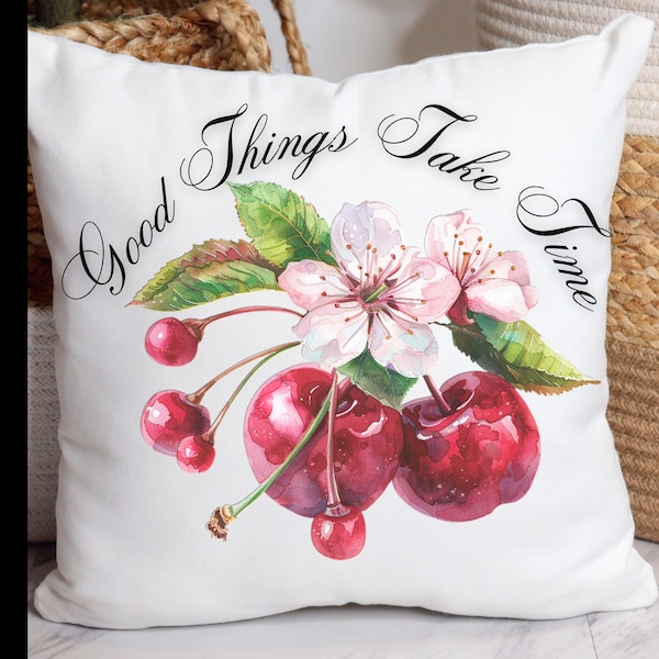 Home Decor Cherry Blossoms Throw Pillow, Cherry Graphic Quote Pillow, Positive Inspirational, Nature Lover Gift, Unique Gift Idea, Girl Gift