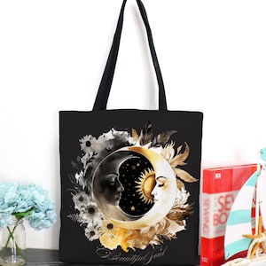 Celestial Crescent Moon Tote Bag, Whimsical Moon Tote Bag, Cottagecore Bag, Whimsigoth Decor, Decorative Celestial Book Bag, Boho Tote Bag