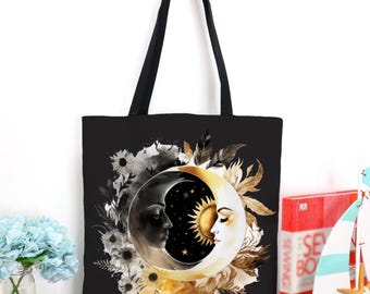 Celestial Crescent Moon Tote Bag, Whimsical Moon Tote Bag, Cottagecore Bag, Whimsigoth Decor, Decorative Celestial Book Bag, Boho Tote Bag