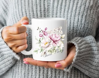 Peony Floral Mug, Flower Mug Gift for Coffee Tea Lovers, Sweet Peony Floral Cup, Garden Lover Mug Gift, Nature Lover Gift, Unique Gift Idea