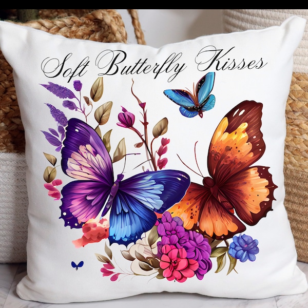 Butterfly Floral Square Throw Pillow, Soft Butterfly Kisses Flower Retro Pillow, Floral Home Decor, Decorative Home Accents, Gift for Her