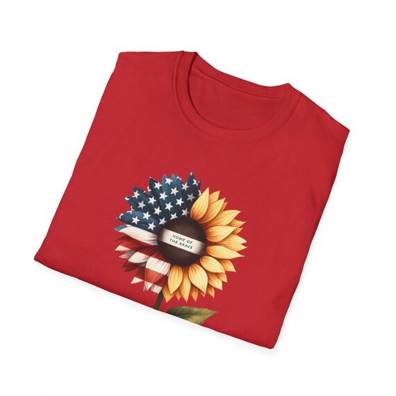 Women's American Flag T-Shirt – 4th Of July Patriotic Raglan Short Sleeve Tee, Grey Sunflower Print