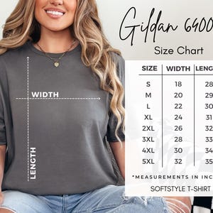 May include: Size chart for Gildan 6000 Softstyle T-shirts. The chart shows the width and length measurements in inches for sizes S through 5XL.