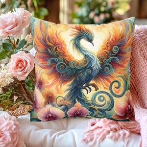 May include: A decorative pillow featuring a colorful phoenix with intricate details and a background of swirling patterns and orchids.