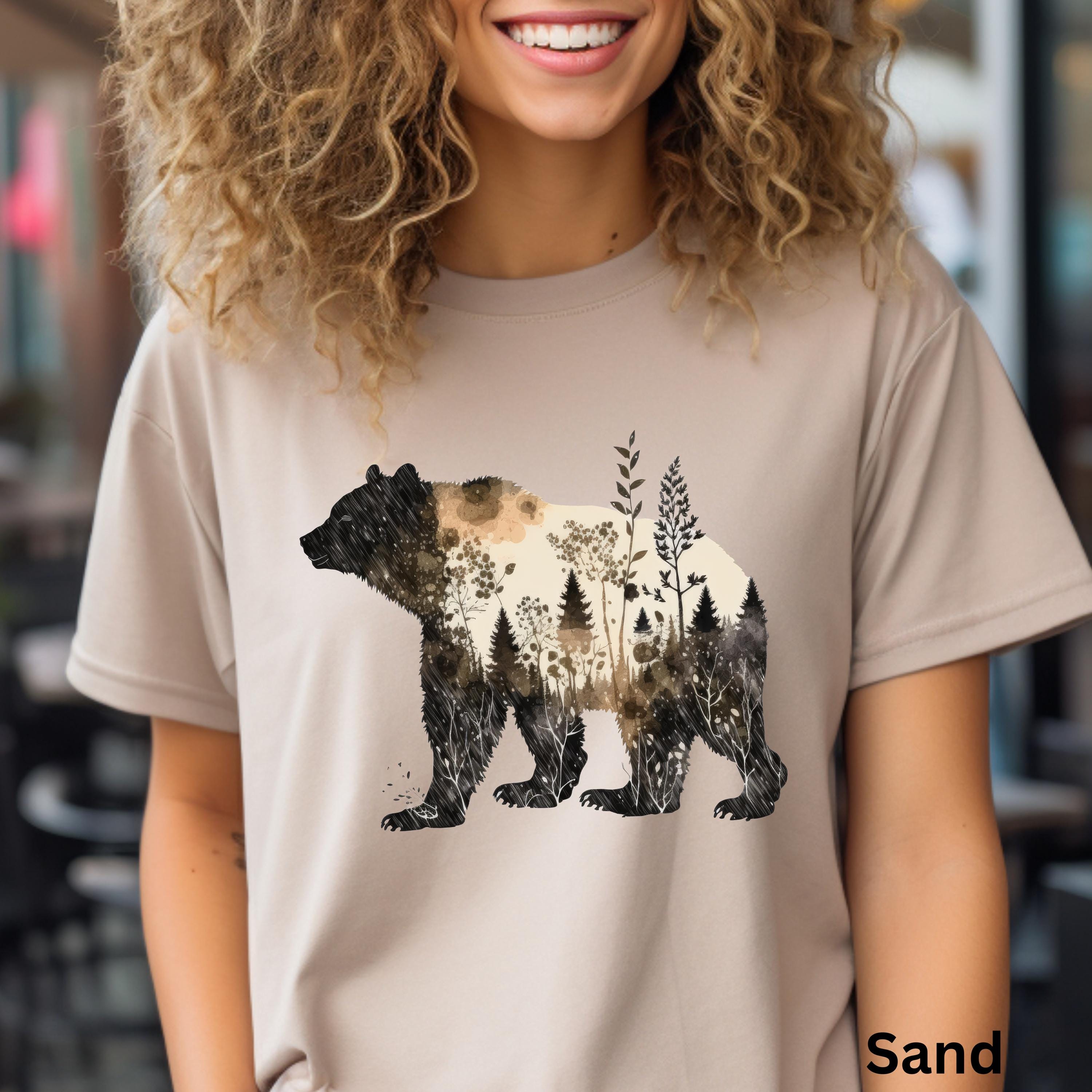 ナイトレイドBear Tee  FOREST柄 Bear T-shirt Forest Unisex Shirt Bear Scene Graphic Tee Nature