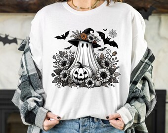 Boho Ghost Shirt, Cottagecore Halloween Shirt, Pumpkin T-shirt, Spooky Season Tee, Ghost Witch Shirt, Pumpkin Patch Fall Tee, Halloween Vibe