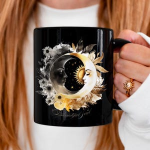 Boho Moon Mug, Celestial Crescent Moon Sun Flower Coffee Mug, Beautiful Soul Mug, Dark Cottagecore, Whimsigoth Wicca Mystical Universe Moon