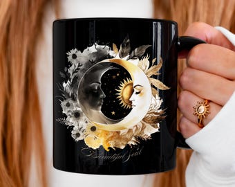 Boho Moon Mug, Celestial Crescent Moon Sun Flower Coffee Mug, Beautiful Soul Mug, Dark Cottagecore, Whimsigoth Wicca Mystical Universe Moon