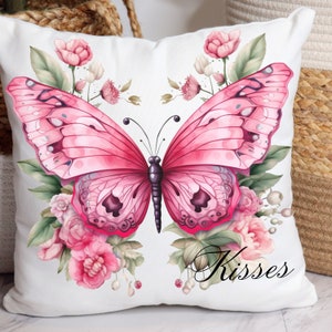 Butterfly Pillow, Butterfly Home Decor Spun Polyester Square Pillow, Retro Pink Kisses Butterfly Pillow, Butterfly Lovers Gift,Gift for Wife