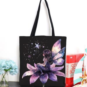 Fairy Tote Bag Flower Fairies Handbag, Fantasy Decor Bags Enchanted Fairy Book Bag Fairies Bag for School Fairycore Floral Tote Bags for Her