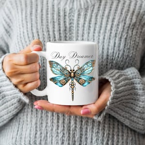 Dragonfly Mug, Day Dreamer Steampunk Dragonfly Coffee Mug, Gift for Nature Lovers, Insect Dragonfly Tee, Vintage Inspired Graphic Mug, Gift