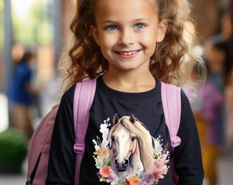 Youth Horse Shirt Long Sleeve Equestrian Tee Pony T-shirt Gift for Daughter Girl Shirts