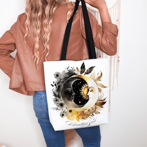 Celestial Crescent Moon Tote Bag, Boho Tote Bag, Whimsical Luna Tote Bag, Dark Cottagecore Moon Bag, Whimsigoth Decor, Celestial Book Bag