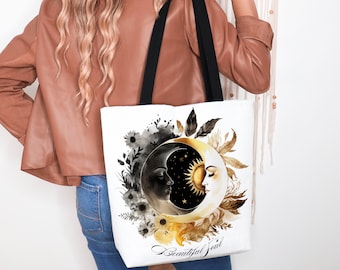 Celestial Crescent Moon Tote Bag, Boho Tote Bag, Whimsical Luna Tote Bag, Dark Cottagecore Moon Bag, Whimsigoth Decor, Celestial Book Bag