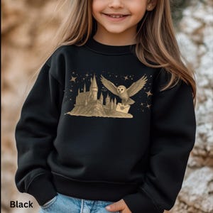 Peut inclure: Sweat-shirt noir avec une illustration dorée d'un château, d'un hibou portant une lettre et d'étoiles. Le mot "Black" est imprimé en bas. Le sweat-shirt est de style col rond.