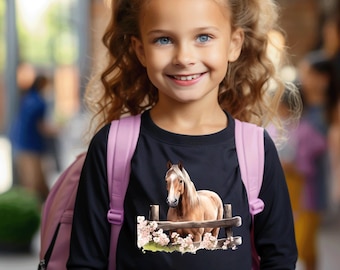 Youth Horse Shirt Long Sleeve Tee Kids Horse Racing Design Equestrian T-shirt Gift for Her