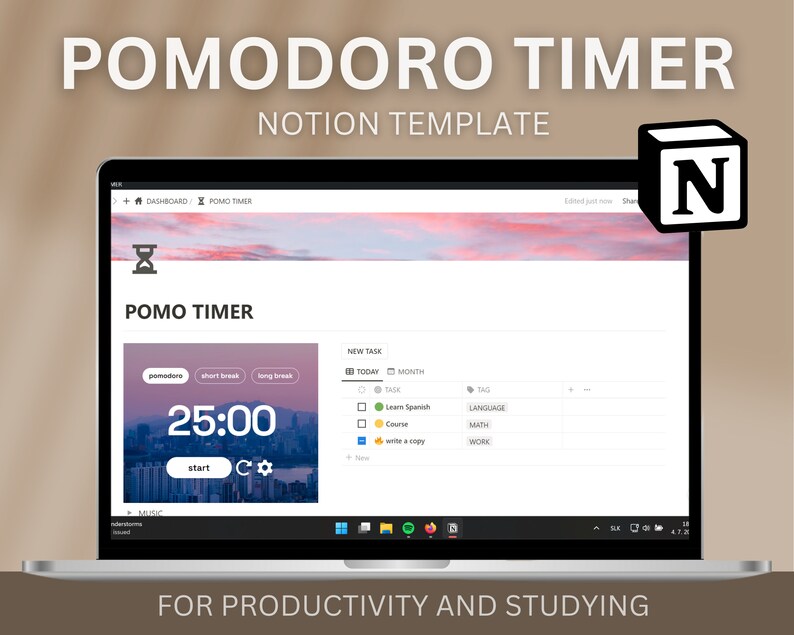 Notion Template Pomodoro Timer Dashboard for Studying or Deep Etsy