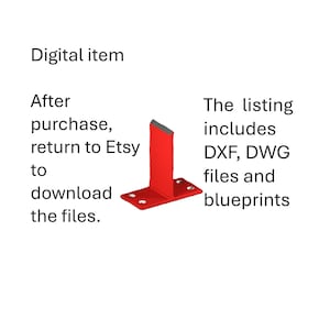 Puede incluir: Un soporte en forma de L rojo con una parte superior plateada, presentado como un artículo digital. El listado incluye archivos DXF, DWG y planos. Después de la compra, regresa a Etsy para descargar los archivos.