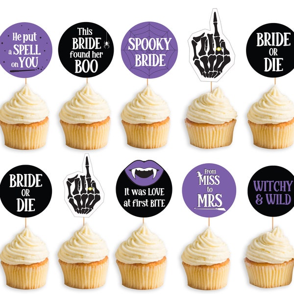 Spooky bachelorette party cupcake toppers Spooky Bride Era Horror movie decor Bride or Die party Witch Bridal shower Printable hen party