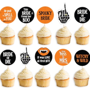 Spooky bachelorette party cupcake toppers Horror movie party Spooky Bride Era Witch Bridal shower Printable decorations Helloween hen party