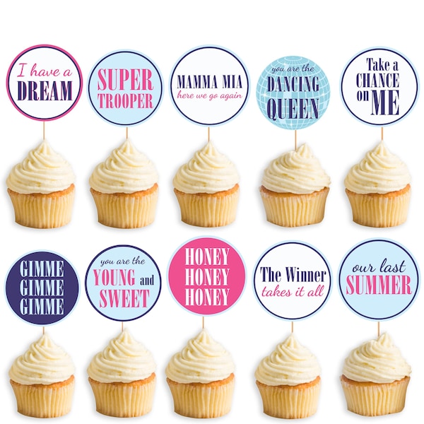 Mamma Mia cupcake toppers Disco Birthday Party ABBA Printable decorations MamaMia party decor Dancing Queen Instant download