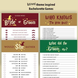 May include: Wizard-themed bachelorette party games. The games include "Guess Who Bride or Groom", "Who Knows The Bride Best?", "Would She Rather", and "What Did The Groom Say?" Each game has a unique design with a wizard hat and star accents.
