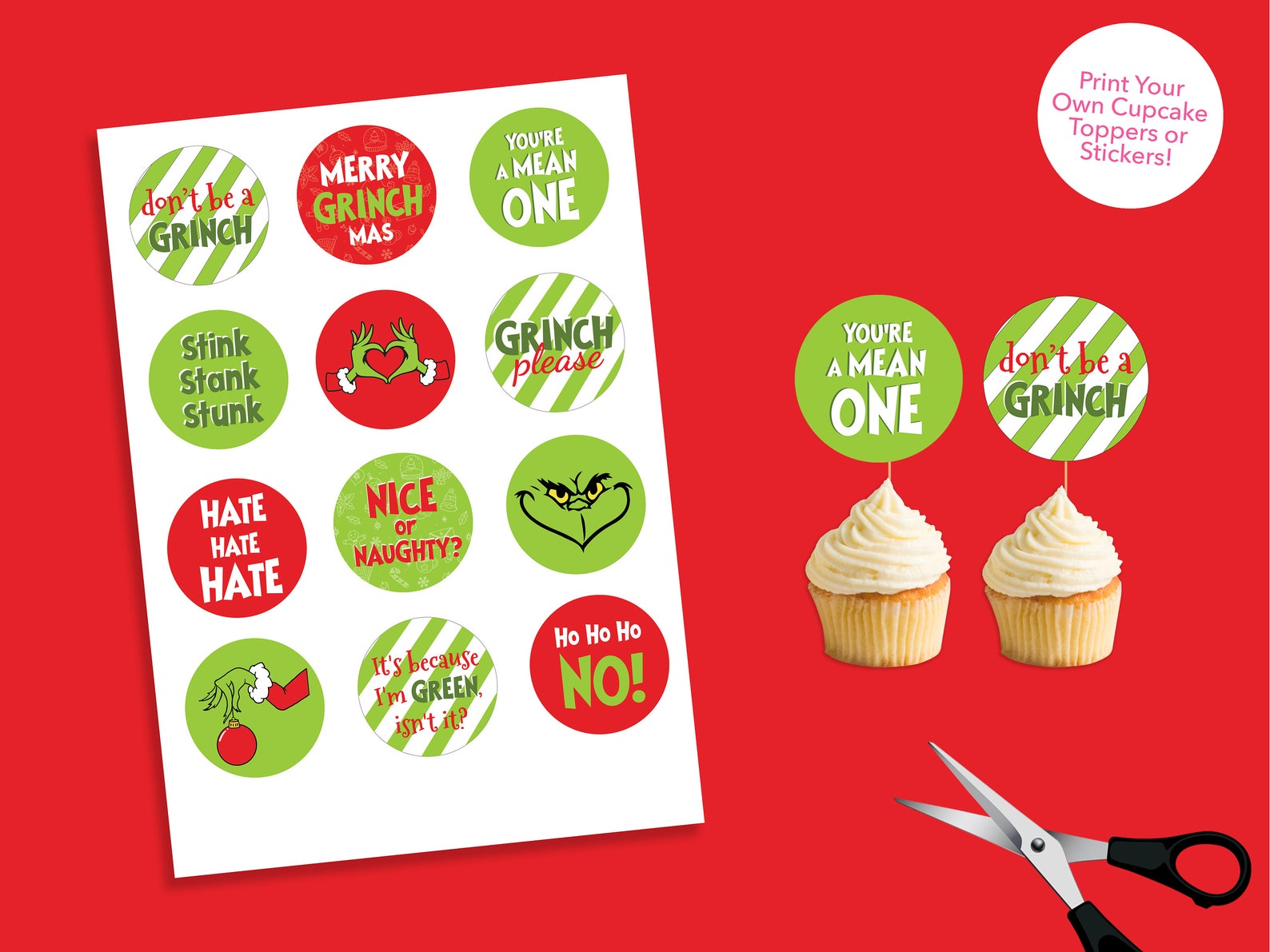 Grinch Cupcake Toppers, Printable Grinch Christmas Decorations, Merry ...