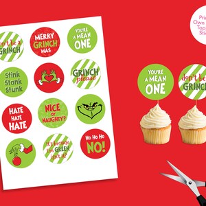 Grinch Cupcake Toppers, Printable Grinch Christmas Decorations, Merry ...