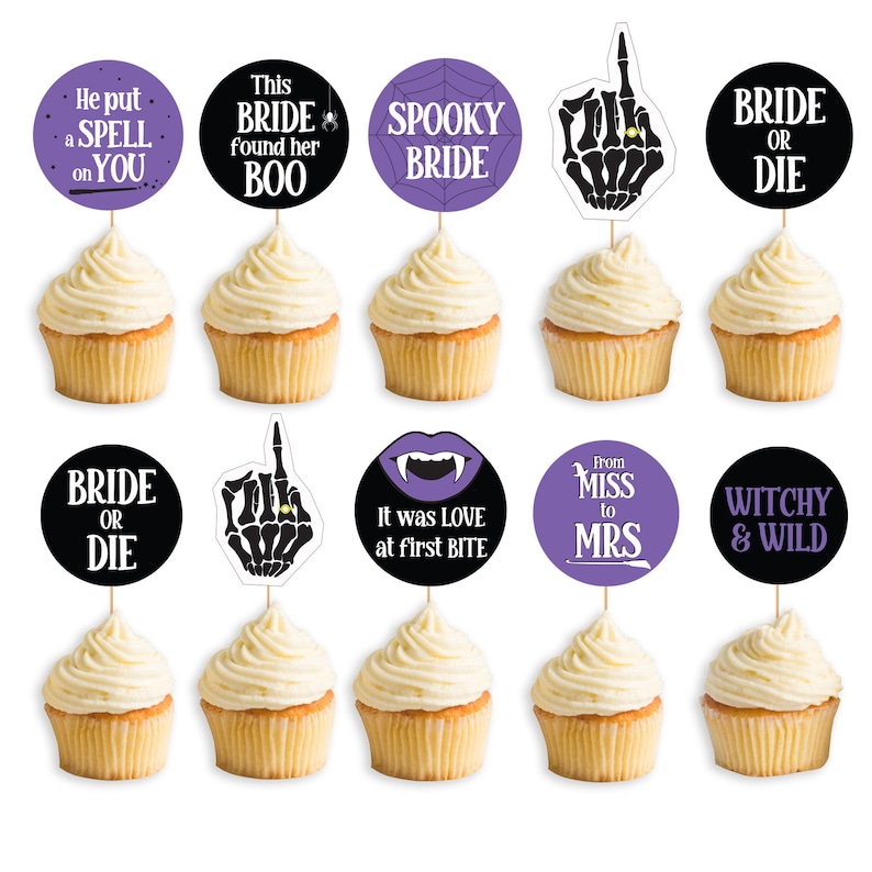 halloween bachelorette. Bridal shower party. Spooky bride. Purple and black cupcake toppers. Cupcakes with toppers. Decorated cupcakes.Bride or Die.From Miss to MRS
