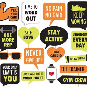 May include: A collection of fitness-themed speech bubbles and props in black, orange, and yellow. Text includes motivational phrases like "Time to Work Out," "No Pain No Gain," and "Keep Moving." Other props include sunglasses, a dumbbell, and a protein bar.