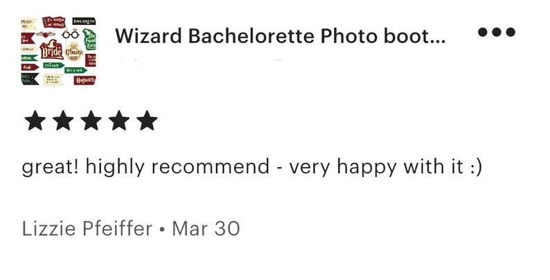 May include: Five-star review for a Wizard Bachelorette Photo Booth prop set. The review reads "great! highly recommend - very happy with it :)" and is signed "Lizzie Pfeiffer - Mar 30".