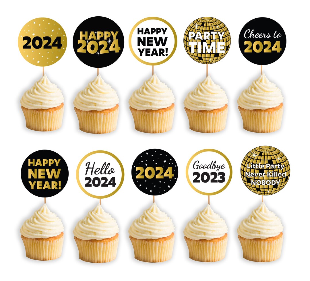 2024 New Year Cupcake Toppers Black and Gold New Year's - Etsy