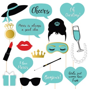 Elegant Paris party Photo Booth Props Tiffanys Party printable decorations Bachelorette Party props I love Paris party photobooth props