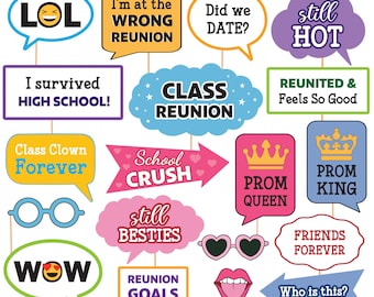 May include: A collection of colorful photo booth props on sticks, perfect for a class reunion. The props include speech bubbles with phrases like "LOL", "I survived HIGH SCHOOL!", and "Class Reunion". There are also props with glasses, crowns, and arrows.
