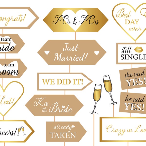 Wedding photo booth props Printable Wedding props Gold Wedding party decorations Just Married sign Neutral Wedding decor Instant download