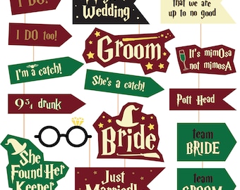 May include: A set of 12 printable signs for a wedding. The signs feature a Harry Potter theme with text such as "I Do!" "Magical Wedding" "Groom" and "Bride".